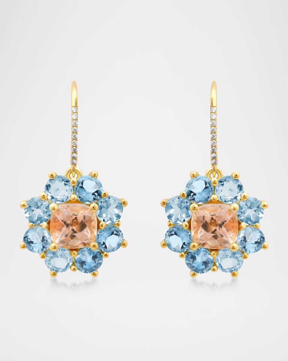 18K Yellow Gold Small Flower Earrings with Aquamarine, Morganite and Diamonds